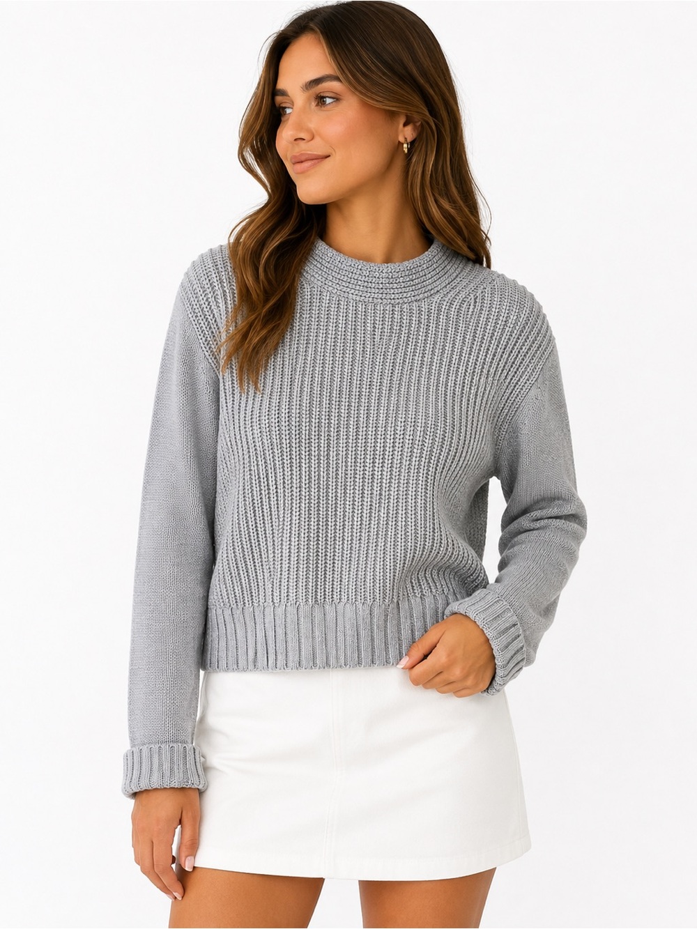 Banana Republic Womens S Gray Chunky Knit Mock Neck Cotton Blend Sweater